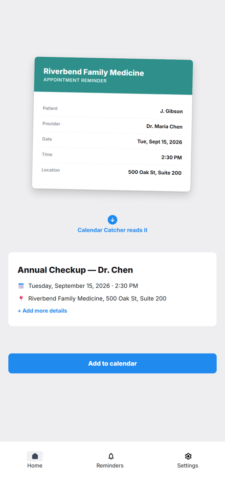 A doctor's appointment reminder card turning into one calendar event
