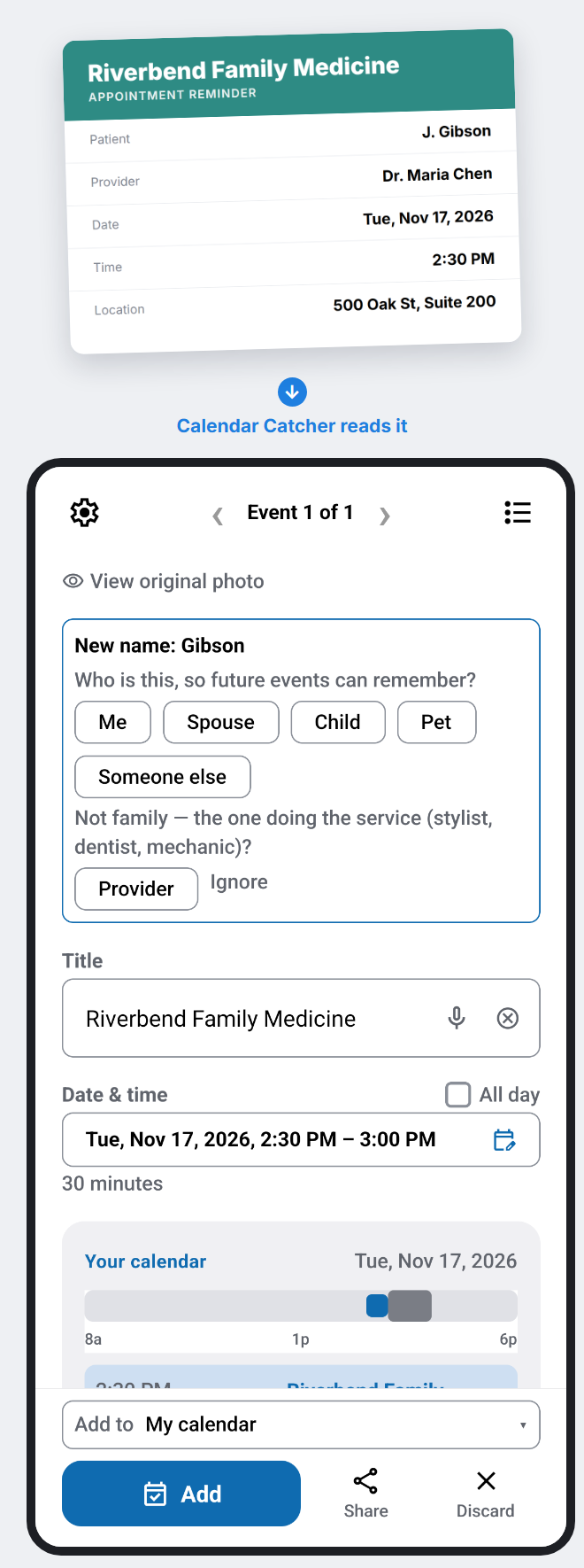 A doctor's appointment reminder card turning into one calendar event