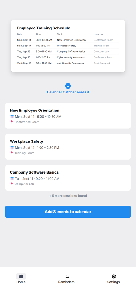 A training schedule document turning into multiple calendar events