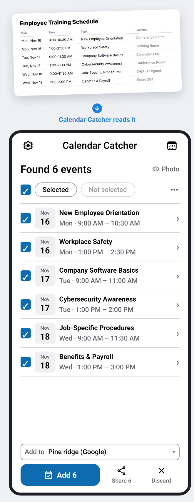 A training schedule document turning into multiple calendar events