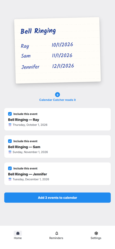 A handwritten note turning into three calendar events