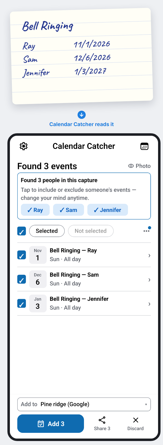 A handwritten note turning into three calendar events