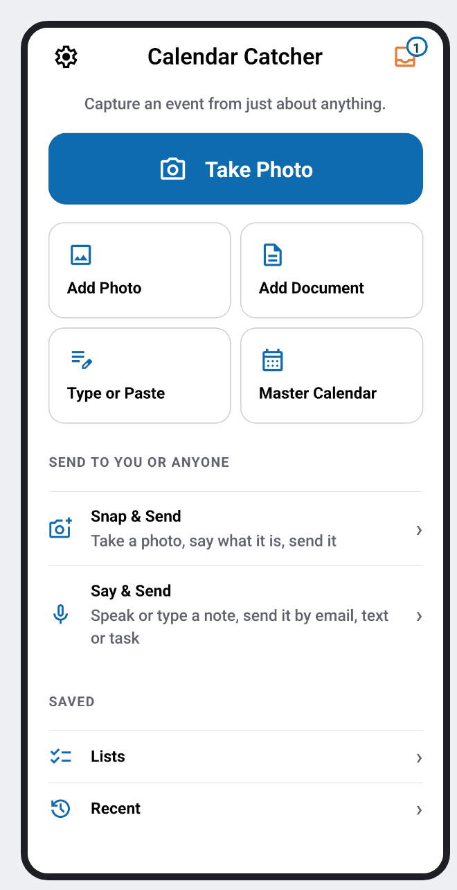 Calendar Catcher's home screen