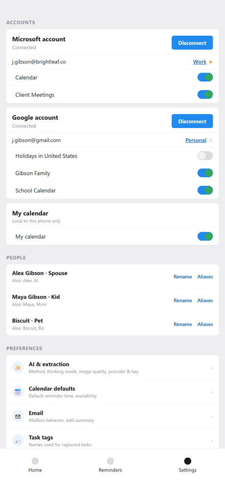 The app's Settings screen, showing Accounts, People, and Preferences sections